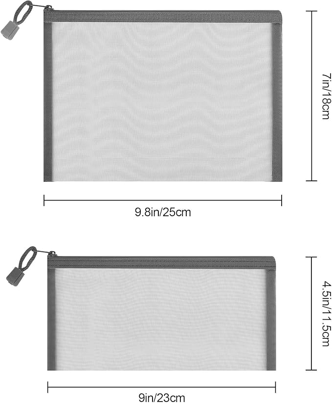 Sinzip 12 Pieces Zipper Nylon Mesh Pouch, Mesh Cosmetic Bags Makeup Bags Pencil Case, Multipurpose Travel Bags for Cosmetic School Office Supplies and Travel Accessories (Grey, A5) (WB06)