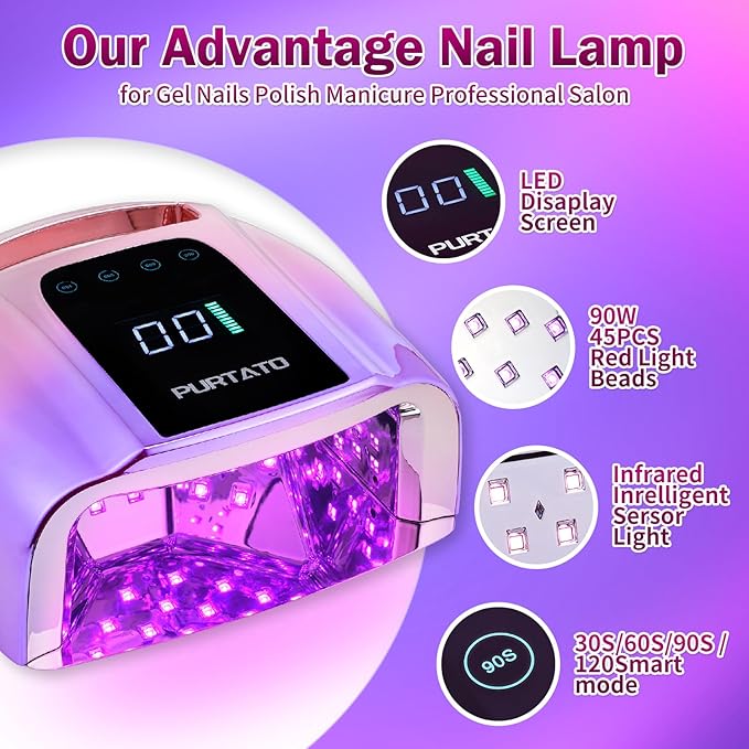 Purtato Professional Rechargeable 96W UV LED Portable Cordless UV Light for Nail Lamp Machine with Removable Stainless Steel Bottom,4 Timer Setting and Smart Sensor Nail Dryer (Gradient Purple)