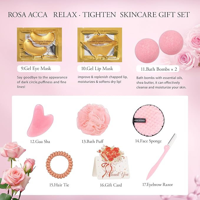Mother's Day Gifts for Mom, Rose 23 Pcs Facial Skin Care Set, Bath and Body Gifts Basket Set for Women, Home Spa Set, Self-Care Set, Face Oil, Birthday, Christmas, Valentines, Girlfriend, Anniversary