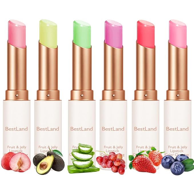 BestLand 6 Pcs/Set Peach Aloe Vera Strawberry Blueberry Avocado Grape Jelly Lipstick Set Temperature Change Moisturizer flower Lip Stick Long Lasting Nutritious Lip Balm Magic Color Change Lip Gloss