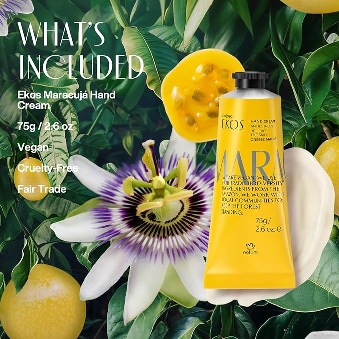 natura - Passion Fruit Hand Cream - Calming Balm - Fast Absorption - 24-Hour Deep Hydration Skin Moisturizer - Vegan Skin Care - Brazilian Beauty Secrets - Self Care & Body Care - 2.6oz (75g)