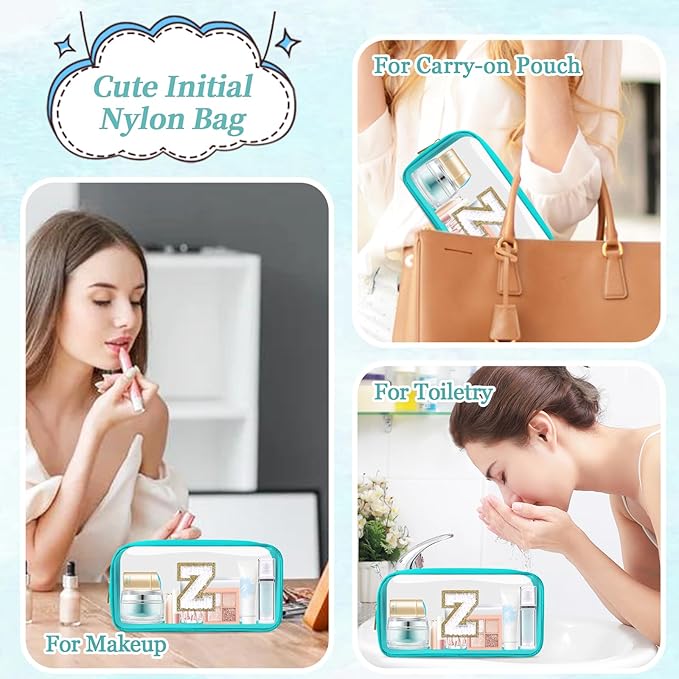 Small Clear Personalized Initial Makeup Bag, Preppy A-Z Chenille Letter Patch Cosmetic Bag, Cute Transparent Nylon Waterproof Zipper Beach Varsity Letter Pouch, Gift for Women Girls(Cyan-White Z)