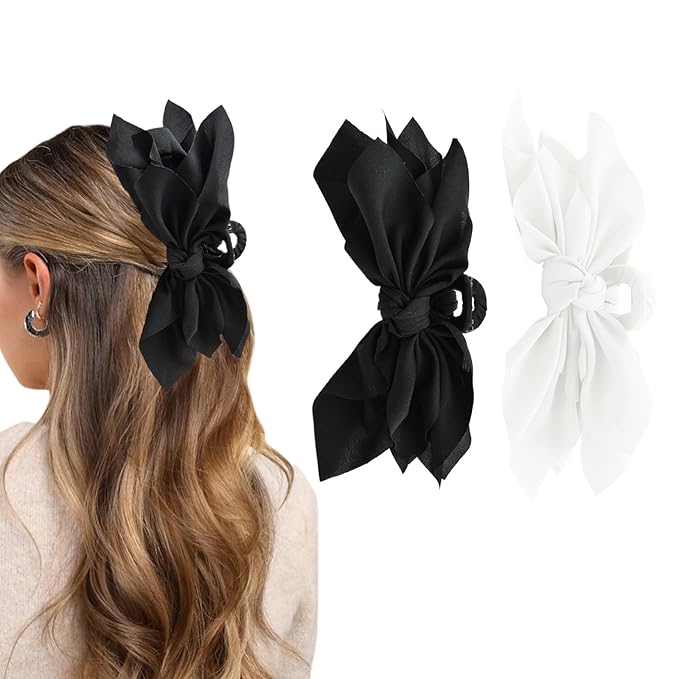 Hadutrek Bow Claw Clips Bow Hair Clips Black White 2PCS Big Hair Bows for Women Butterfly Styling Large Hair Clips for Thick Hair for Girls Hair Accessories for Teen
