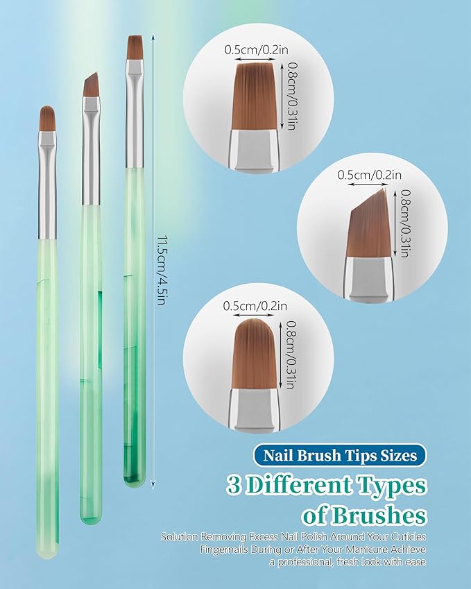 AMilHiTon 3PCS Nail Polish Clean Up Brush, Round/Flat/Angled, Emerald Green