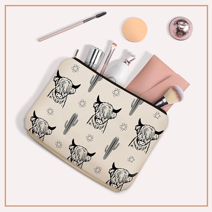 Western Highland Cow Themed Makeup Bag For Women & Teen Girls Travel Gifts