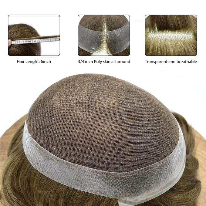 FACE MIRACLE Toupee for Men French Lace Hairpiece Human Hair Replacement System Skin PU Mens Toupee Hair Wigs for Man V-Looped Front Hair Prosthesis 6"X9" 7# VERY LIGHT BROWN