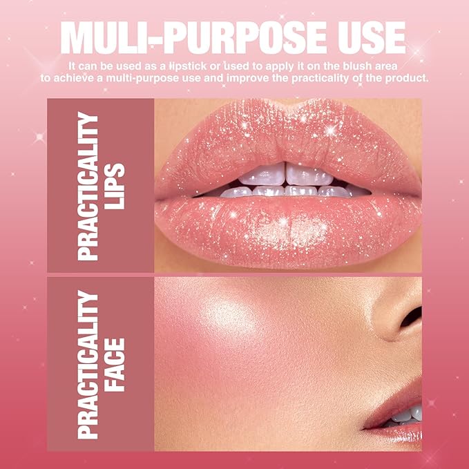 Jolilab Sparkling Lip Gloss Long Lasting Waterproof Moisturizer Lip Balm Glitter Shimmer Metallic Lipstick, Diamond Shiny Lipstick for Women Girls, Non-sticky