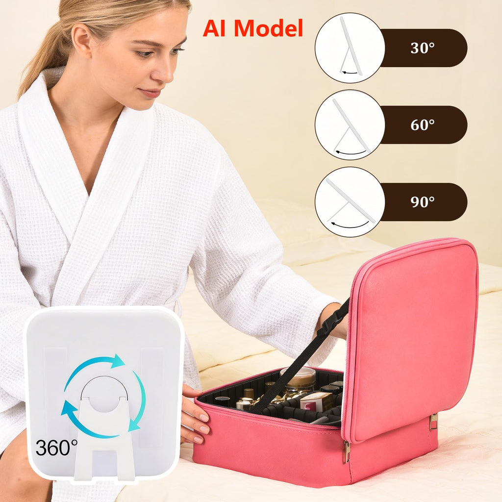 Yaliang Travel Makeup Bag, Portable Makeup Case with LED Mirror, Removable Mirror with 3 Color Modes, 8 Adjustable EVA Dividers for Brushes Toiletry Jewelry Digital Accessories, Barbie Pink