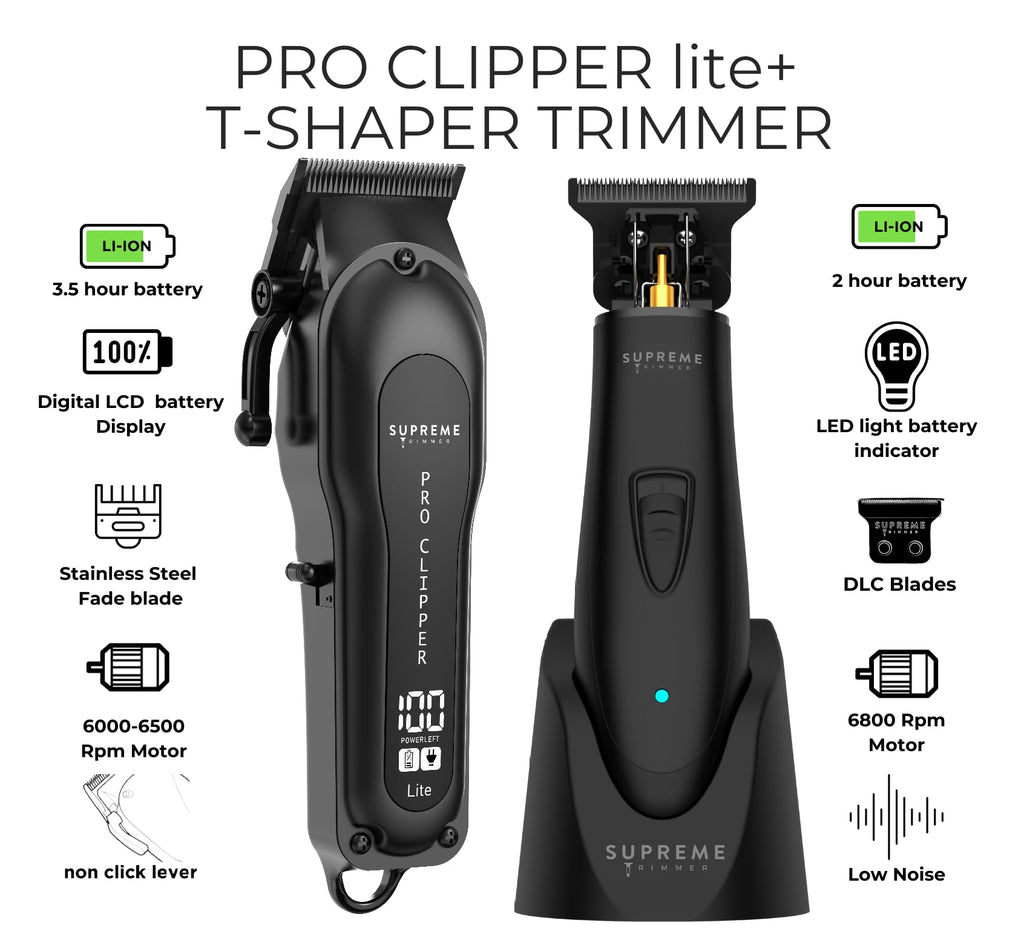 Supreme Trimmer 2-in-1 Pro Clipper Lite & DLC T-Shaper Combo | Professional Beard Trimmer ST5206 & Hair Clipper STC5000 Barber Hair Cutting Starter Kit | Black