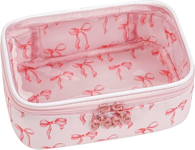 RSRSLEII Cute Clear Makeup Bag with Bow Patten,Transparent Nylon Travel Cosmetic Case with Zipper,Portable Makeup Organizer Pouch for Essentials(05Pinkbow-white)