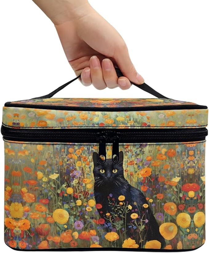 Drydeepin Black Cat Vibrant Floral Pattern Travel Makeup Bags for Women Portable Tote Cosmetic Case with Carry Handle Toiletry Accessories Storage Organizer Bags