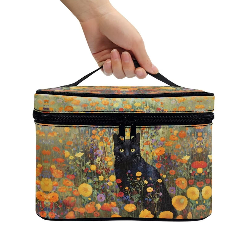 Drydeepin Black Cat Vibrant Floral Pattern Travel Makeup Bags for Women Portable Tote Cosmetic Case with Carry Handle Toiletry Accessories Storage Organizer Bags