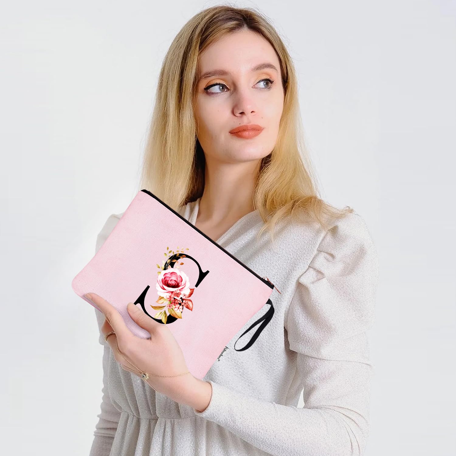 Vavabox A-Z Personalized Makeup Bag, Birthday Gifts for Women Mom, Gifts for Best Friend, Bride Bridesmaid Cosmetic bag (S, 06-Pink)