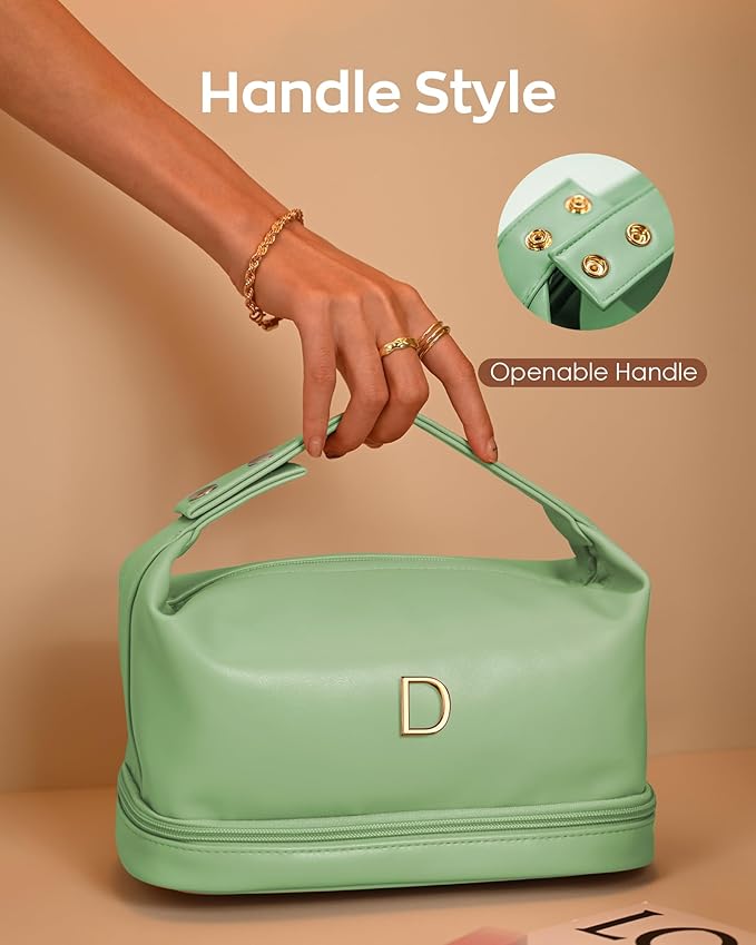 Gifts for Women, Personalized Makeup Bag with Handle, Initial Double Layer Cosmetic Bag with Makeup Brush Organizer, Cute Cosmetic Pouch for Women, Gift Ideas for Teen Girls