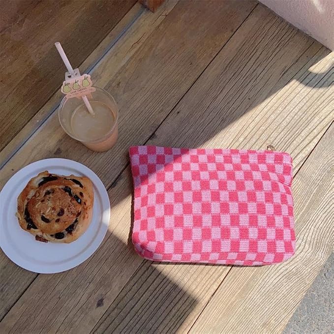 PAZIMIIK Checkered Makeup Bag for Purse, Small Flat Cosmetic Pouch,Hotpink