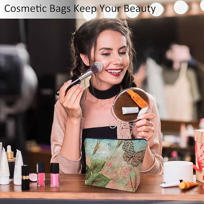 Kalygon Women Cosmetic Bag Butterfly, Pond Green Leaves Floral Butterflies Cute Makeup Bag For Purse Cosmetic Travel Bag For Toiletries Makeup Storage Bag Flax Skincare Bag Make Up Pouch Bags