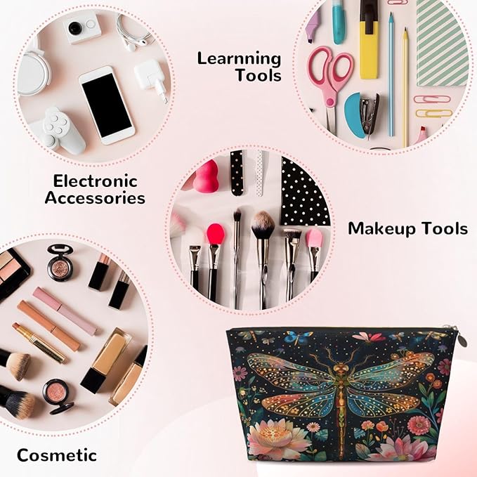 Dultua Mothers Day Gifts Makeup Bag Purse Cosmetic Bag Travel Toiletry Leather Make Up Bags for Mom Wife Women Daughter Floral Dragonfly