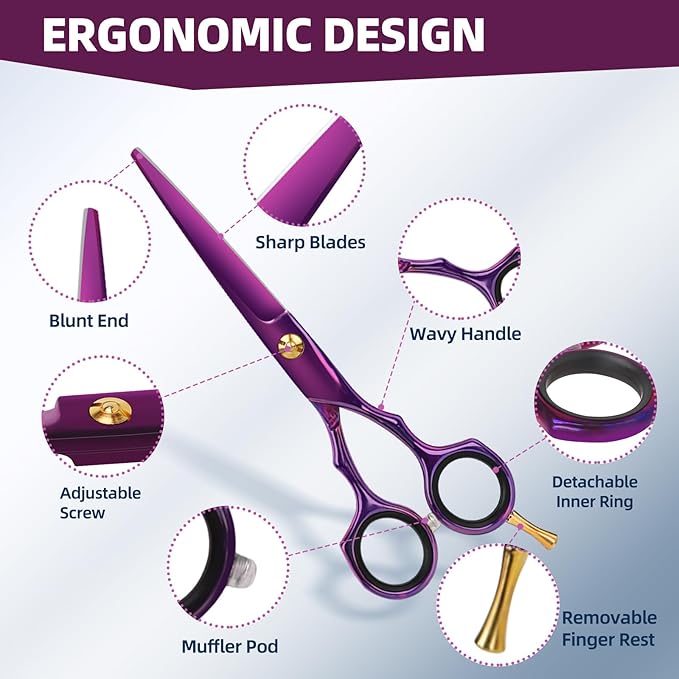 Ethyxe Professional Hair Cutting Scissors - 9 PCS Haircut Scissors Set with 29-Tooth Thinning Shears and Straight Shears for Men Women Home Salon Barber (6.5", Purple)