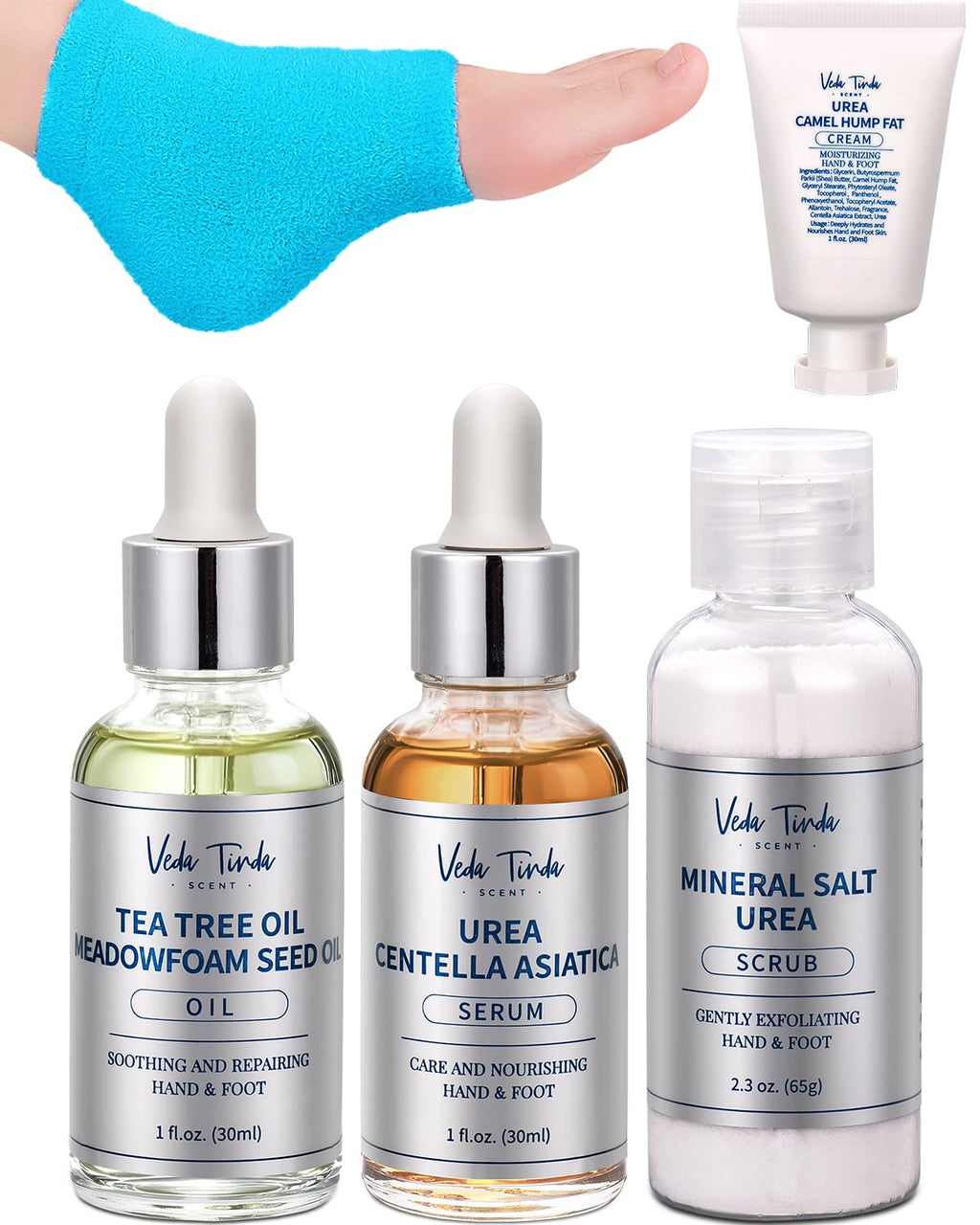 Foot Care Kit - Tea Tree Oil, Urea Cream 40%, Salt Scrub, Serum, Heel Socks