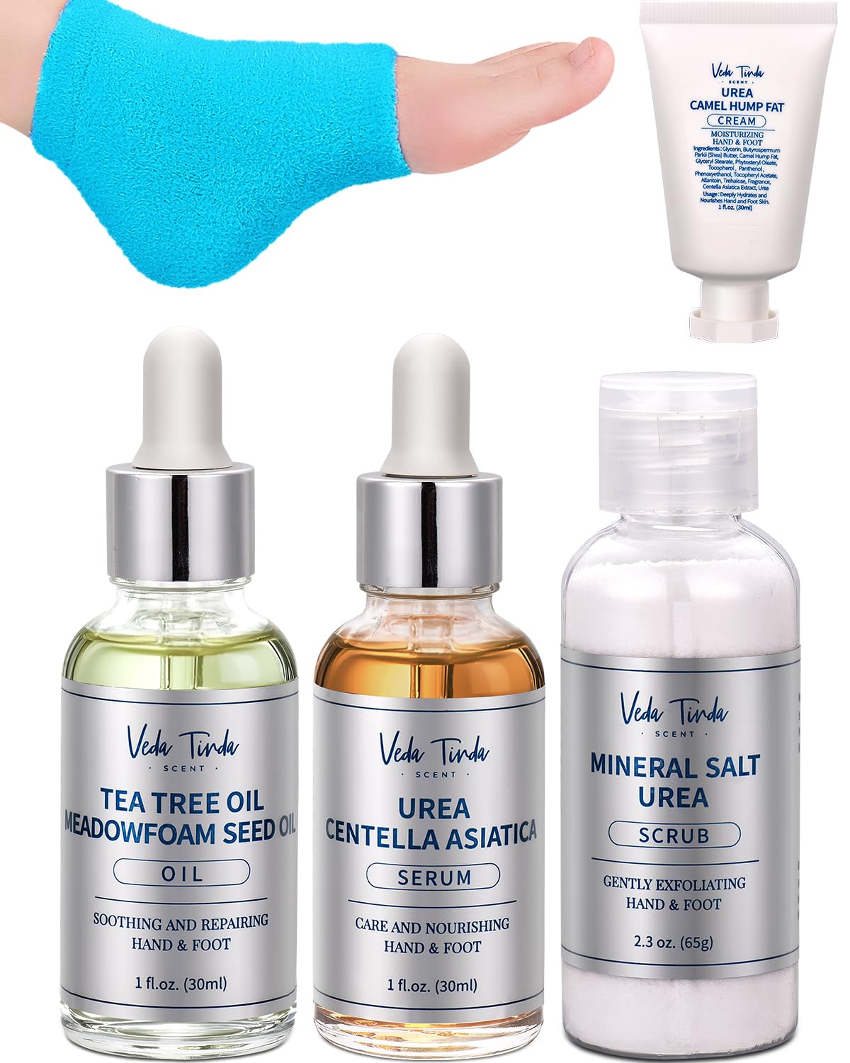 Foot Care Kit - Tea Tree Oil, Urea Cream 40%, Salt Scrub, Serum, Heel Socks
