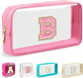 Small Clear Personalized Initial Makeup Bag,Nylon Preppy A-Z Chenille Letter Patch Cosmetic Pouch Beach Toiletry Bag,Waterproof Zipper Travel Purse Storage Bag Organizer for Women Girls(Pink-Pink B)