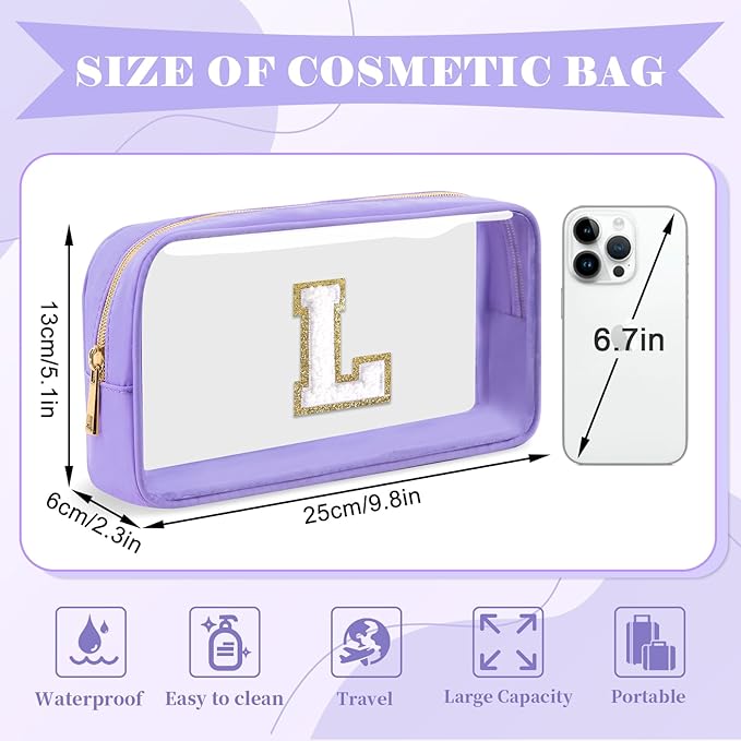 UIXIZQ Personalized Initial Letter Clear Makeup Bag,Preppy Small Nylon&PVC Cosmetic Zipper Bag with Chenille Letter,Travel Skincare Toiletry Bag,Monogram Christmas Gift for Teen Girls Women,L