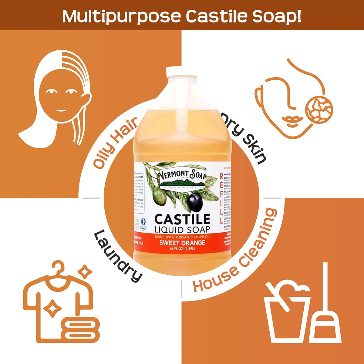 VERMONT SOAP Pure Castile Soap Orange, Gentle Liquid Soap, Body Wash, 64 oz