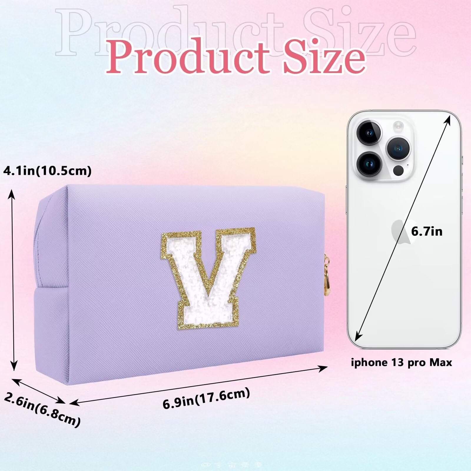 HENGNI Small Personalized Letter Makeup Bag, Cute PU Leather Chenille Letters Cosmetic Bag Travel Makeup Pouch, Preppy Travel Organizer Zipper Pouch for Women&Girls（Purple-V）