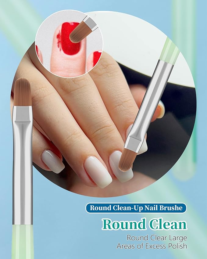 AMilHiTon 3PCS Nail Polish Clean Up Brush, Round/Flat/Angled, Emerald Green