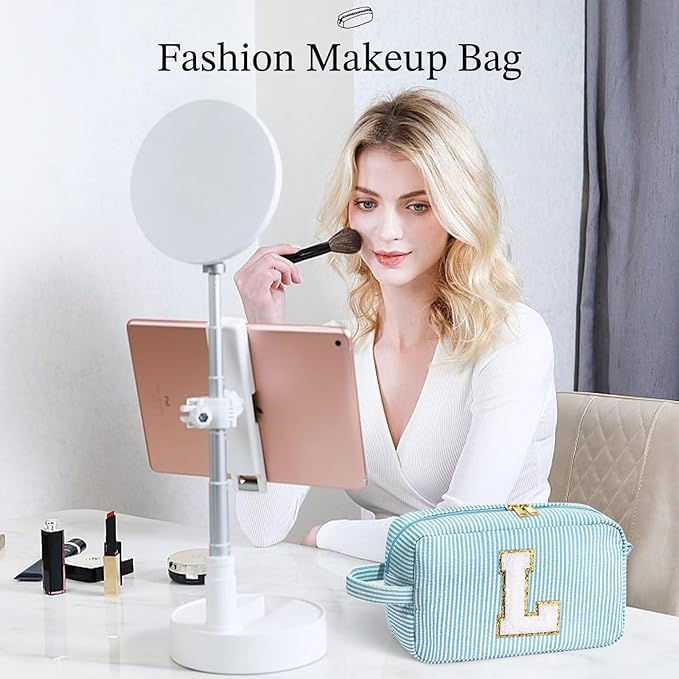 YOOLIFE Teacher Appreciation Gifts for Women - Initial Makeup Bag Letter Toiletry Pouch Cosmetic Case, Personalized Birthday Gifts for Women Girls Mom Daughter Sister Friends, Light Blue T