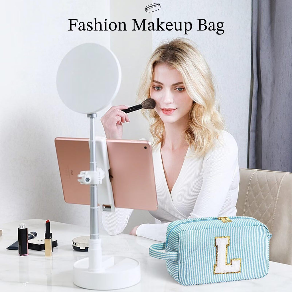 YOOLIFE Initial Cosmetic Bag for Women - Monogram Cute Makeup Bag Cosmetic Case Toiletry Pouch for Women Her Best Friend Sister Teacher, Personalized Birthday Gifts for Women, Light Blue I