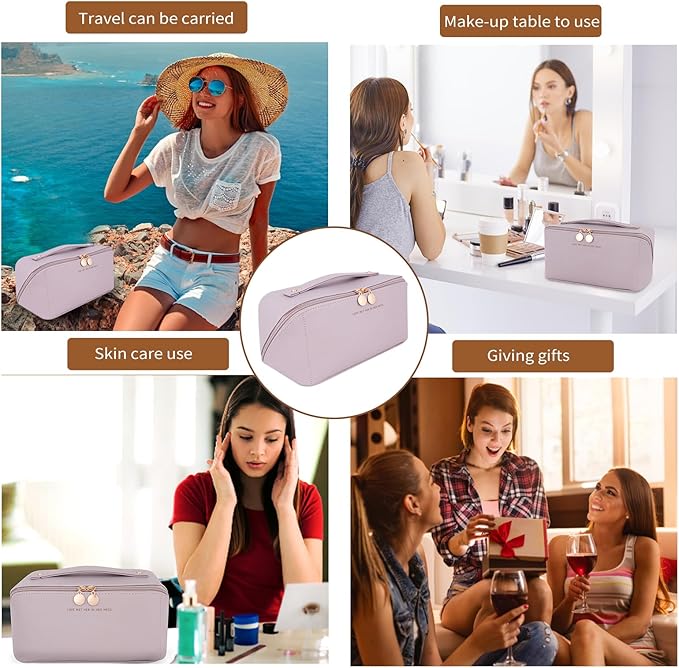 zaleeta Travel Makeup Bag, Large Capacity Cosmetic Organizer Bags for Women, Waterproof PU Leather Toiletry Bags, Wide Open Flat Makeup Case with Divider and Handle