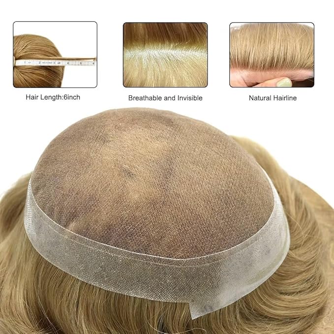 Mens Toupee Human Hair Piece French Lace Toupee for Man Hair System Indian Human Hair Replacement Systems V-Looped PU Front Hairpieces 6"X8" #20 light ash blonde