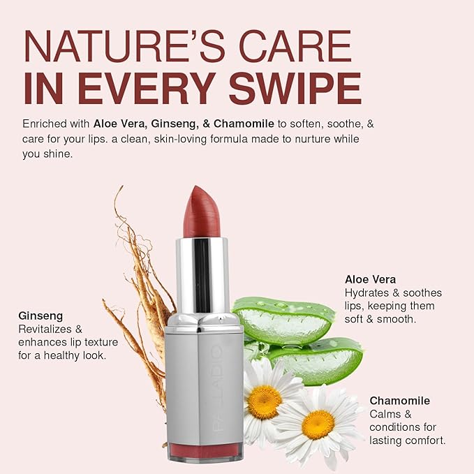 Palladio Herbal Lipstick, Rich Pigmented and Creamy, Infused with Aloe Vera, Chamomile & Ginseng, Prevents Lips from Drying, Combats Fine Lines, Long Lasting Lipstick, Rosebud