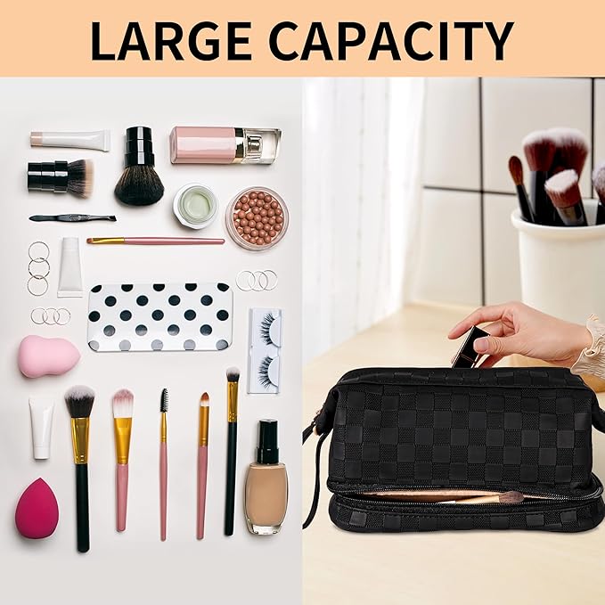 Abiudeng Large Makeup Bag for Women,Travel Makeup Organizer with Brush Holder, Dopp Kit Essentials,Waterproof Checkered Cosmetic Bag for Traveling,Multi Compartment,Cute,Spacious Capacity-Black