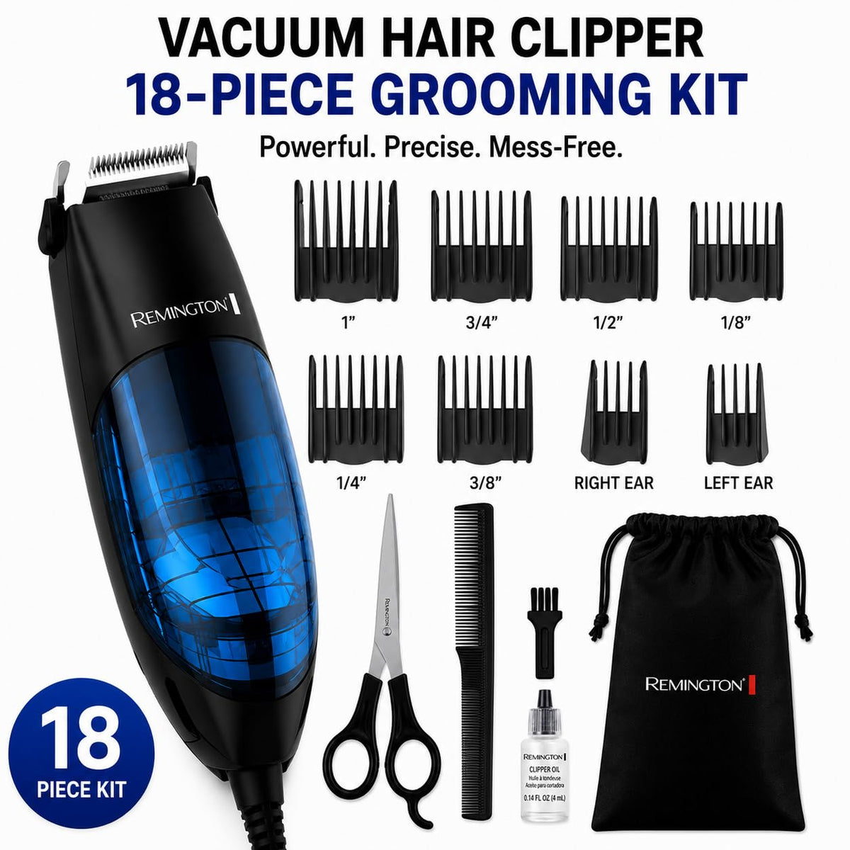 Remington Vacuum Hair Clippers for Men, 18-Piece Haircut Kit