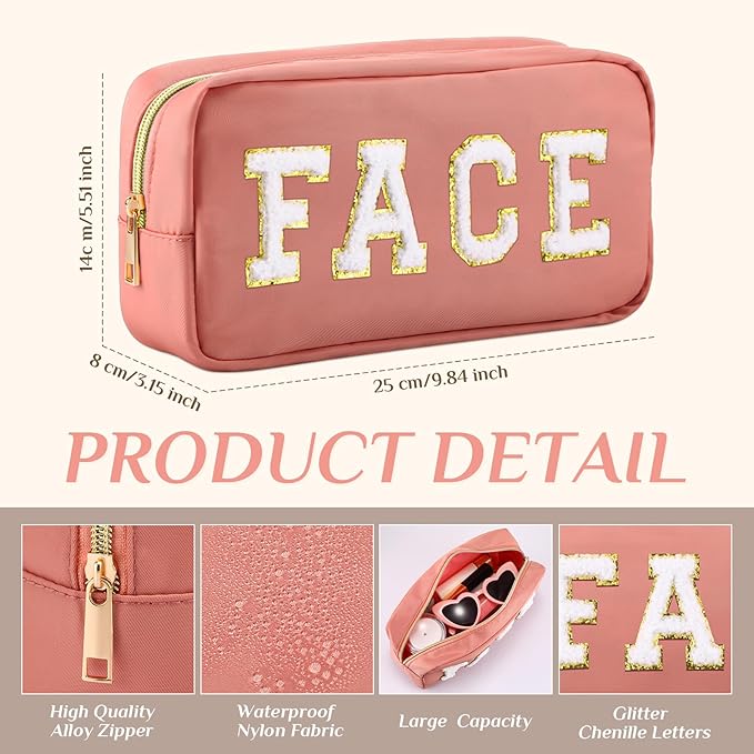 Remerry 4 Pcs Nylon Makeup Bags Waterproof Spacious Travel Cosmetic Bag for Women Chenille Letter Preppy Zipper Pouch Face Stuff Skin Hair Organizer Gift(Multicolor)