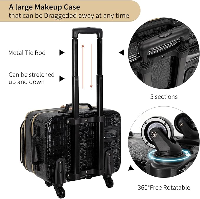 OCHEAL 18 Inch Rolling Makeup Train Case, Extra Large Travel Cosmetic Organizer Storage Trolley with Wheels, 3 Layers & 3 Travel Makeup Bags Carry On for Hairstylist Cosmetology Artist