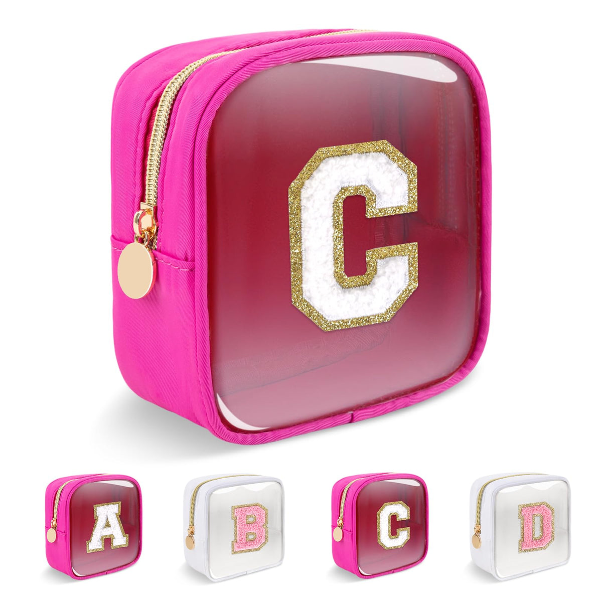 UIXIZQ Personalized Initial Letter Bag Boho Straw Clear Makeup Bag,Small Cute Chenille Varsity Letter Bag With Zipper,Beach Travel Toiletry Bag,Portable Monogrammed Cosmetic Bag for Women Girls,C