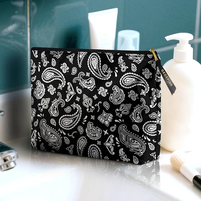 GEGEPINK Cute Makeup Bag for Purse Waterproof Cosmetic Bags for Women Funny Smooth Zipper Travel Toiletry Pouch 10X8 Inches-Paisley Floral-Black Makeup pouch