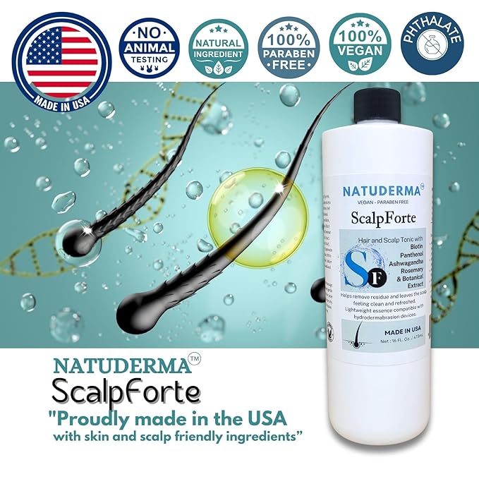 Natuderma Scalpforte Hair and Scalp Tonic with Biotin & Panthenol for Thicker-Looking Hair, Serum for Hydrodermabrasion Machine to Cleanse, Hydrate and Moisturize the Scalp (16 Oz)