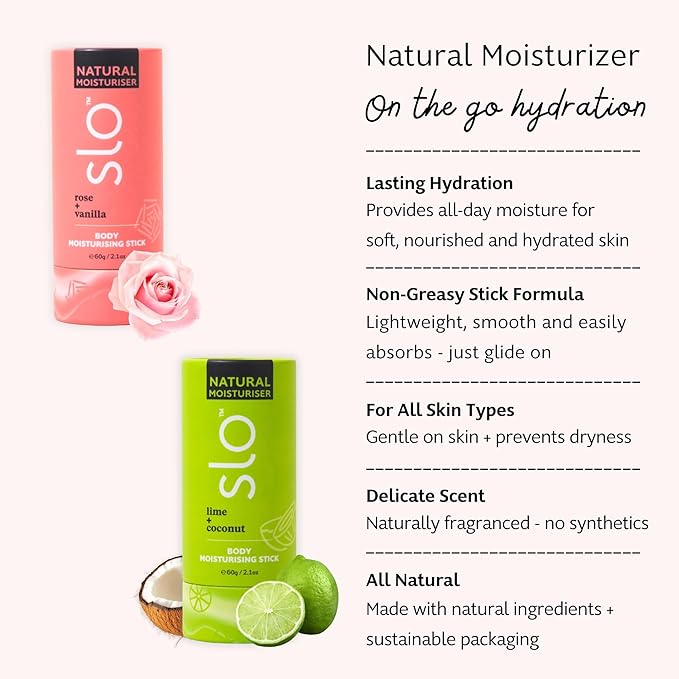 Slo 2-Pack Moisturizing Stick - Solid Body Balm with Organic Ingredients - Hydrates & Nourishes - Cocoa Butter, Coconut Oil and Vitamin E - Travel-Friendly - Rose Vanilla & Lime Coconut (2x2.1oz/60g)