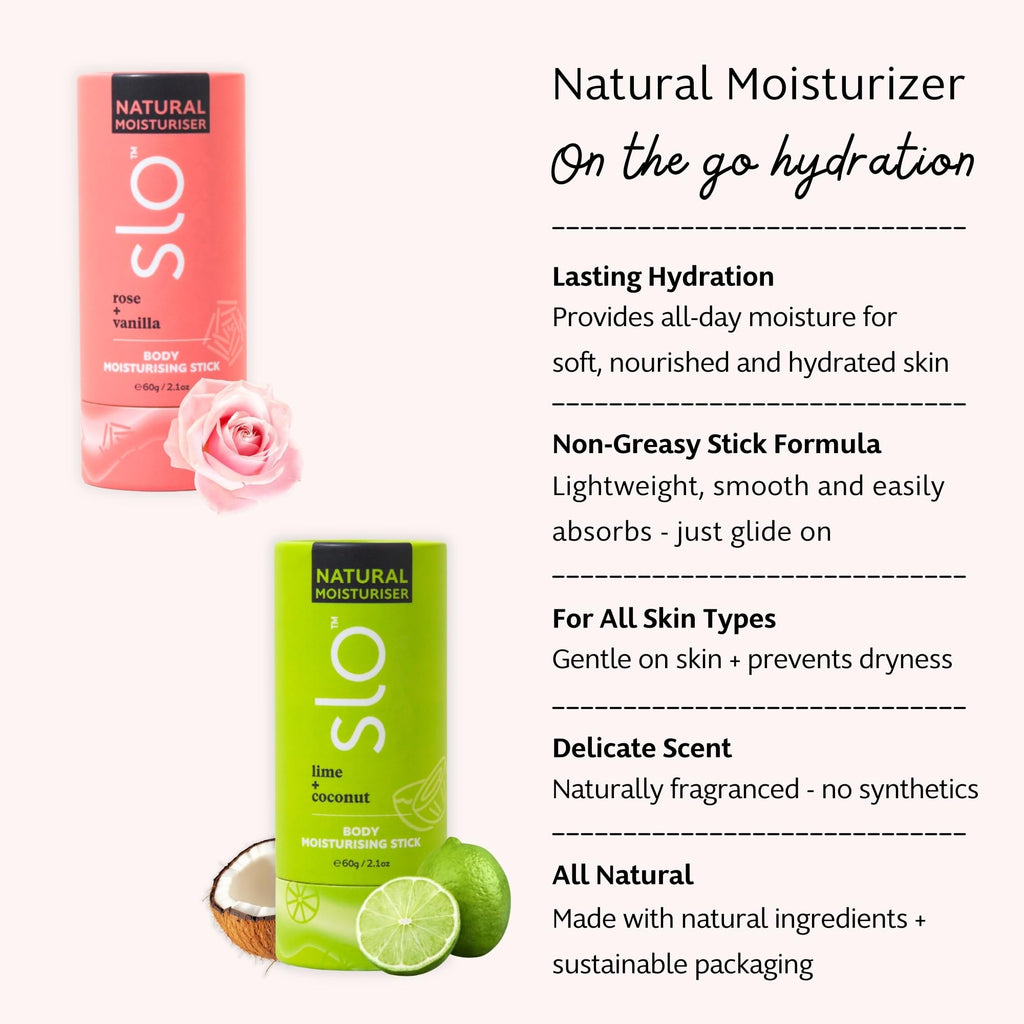 Slo 2-Pack Moisturizing Stick - Solid Body Balm with Organic Ingredients - Hydrates & Nourishes - Cocoa Butter, Coconut Oil and Vitamin E - Travel-Friendly - Rose Vanilla & Lime Coconut (2x2.1oz/60g)