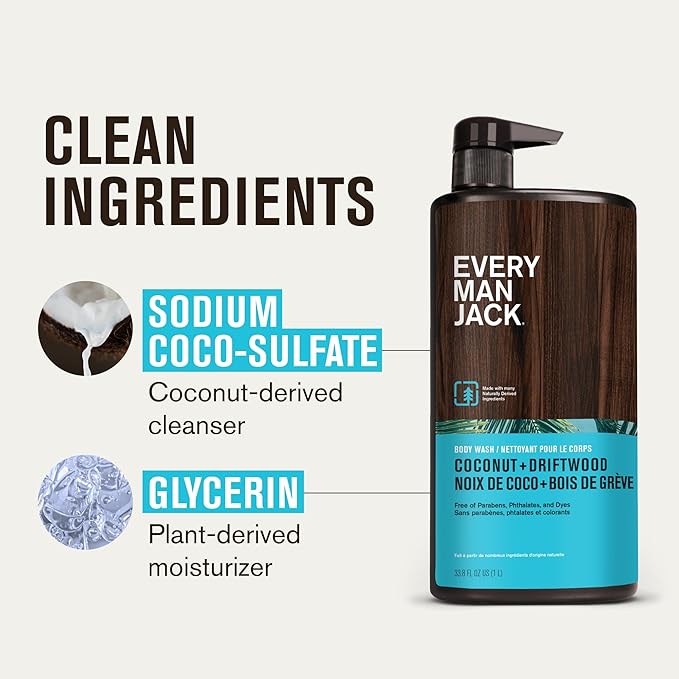 Every Man Jack Hydrating Body Wash for Men, Coconut Driftwood, Value 2pk