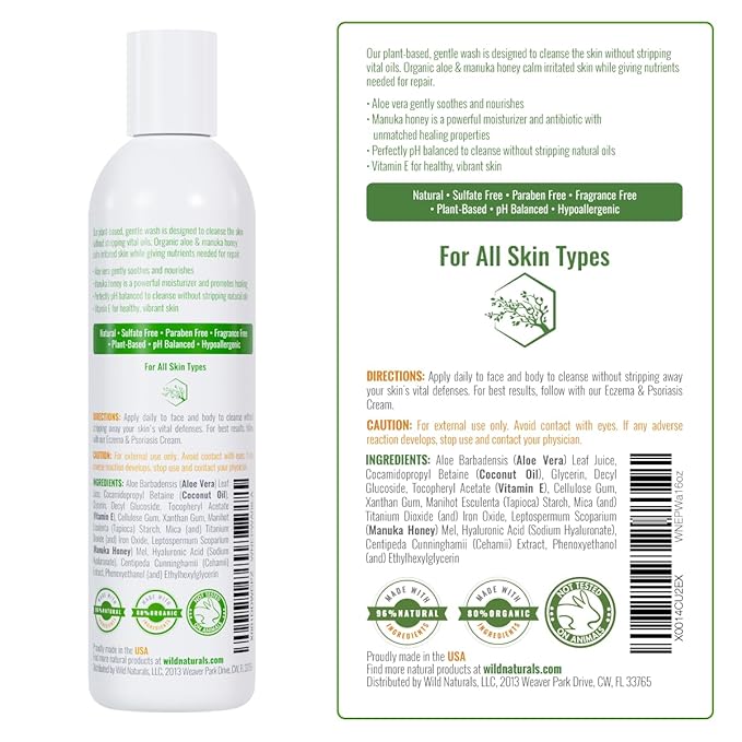 Wild Naturals Moisturizing Eczema Body Wash, Gentle Psoriasis Body Wash for Itchy, Dry Skin Relief Eczema Soap for Redness and Flareups, Hydrating Cleanser for Women and Men