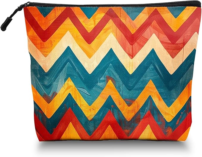 Scribesense Cosmetic Bags Travel Makeup Toilet Case Waterproof Pouch for Women Girls 6.7X9.45inches - Zigzag Pattern in Warm And Cool Tones