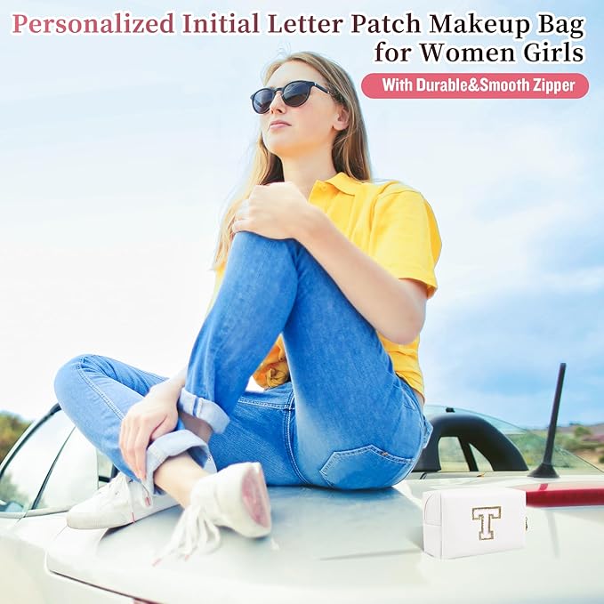 Personalized Initial Letter Patch Makeup Bag, Preppy Portable Chenille Letter Cosmetic Bag with Zipper, PU Leather Waterproof Travel Toiletry Bag Monogram Make Up Pouch for Women Girls