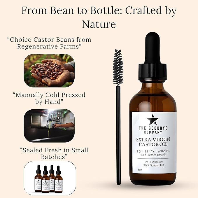 The Goodbye Company USDA Organic Castor Oil for Eyelashes and Eyebrows Growth, 100% Pure Cold-Pressed, Hexane-Free 60ml with Applicator, Handcrafted in Florida for Hair, Skin & Lashes