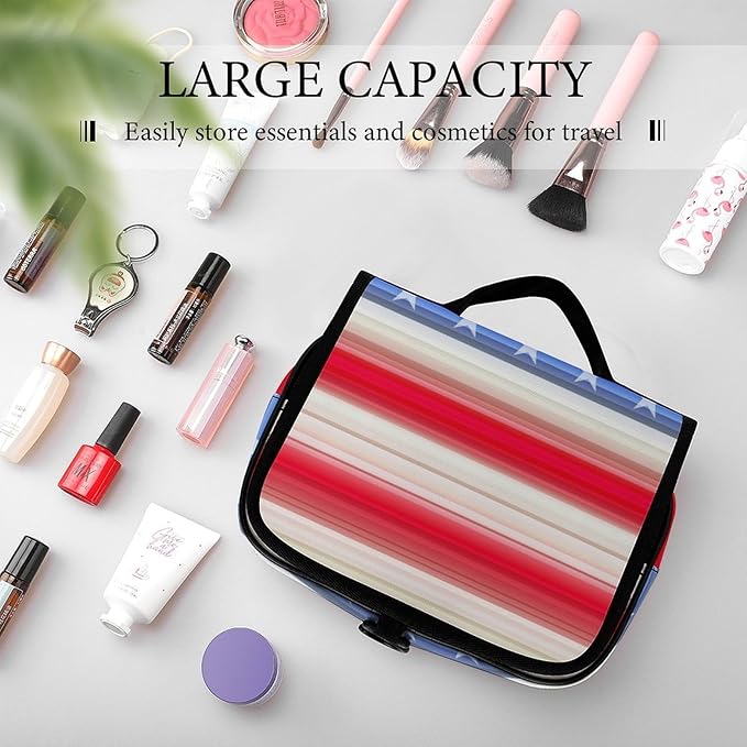 CWECVWE Travel Toiletry Bag Red Blue White American Flag, Portable Makeup Bag with Hanging Hook, Large Capacity Door Room Essentials Travel Organizer for Women Men