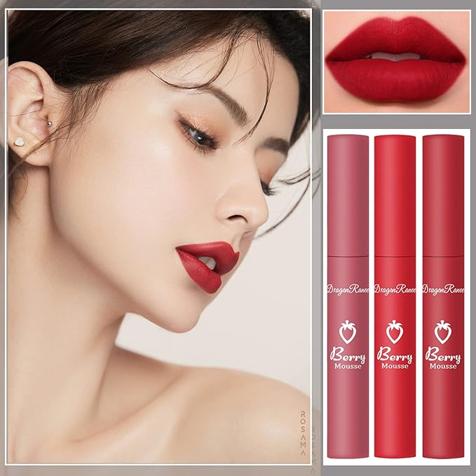 3Pcs Dark Red Matte Lipstick Set, Red Matte Lipstick Long Lasting for Women